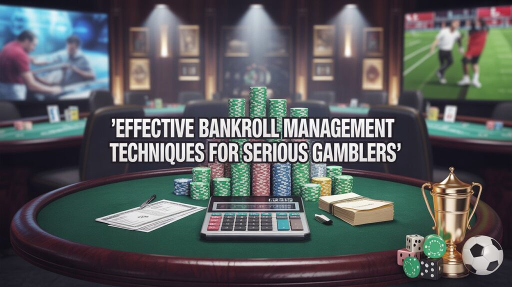 Casino table with poker chips, calculator, cash, and trophy, with the text "Effective Bankroll Management Techniques for Serious Gamblers" in the foreground.