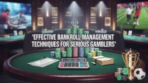 Casino table with poker chips, calculator, cash, and trophy, with the text "Effective Bankroll Management Techniques for Serious Gamblers" in the foreground.