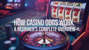Casino roulette wheel, chips, and slot machine symbols with the text "How Casino Odds Work: A Beginner’s Complete Overview" in a casino setting.