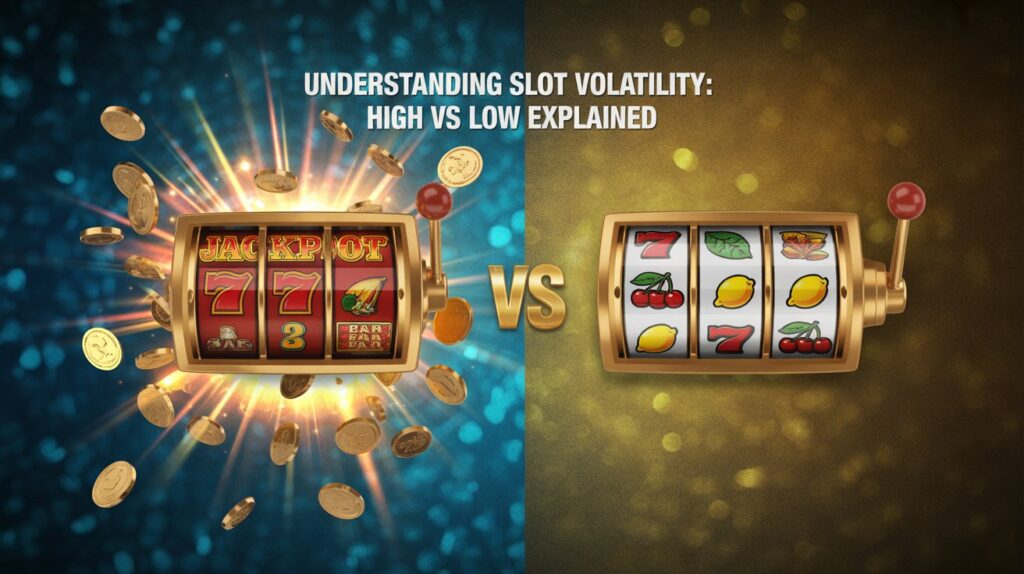 Two slot machines side by side, one with a jackpot and flying coins and the other with fruit symbols, under the title "Understanding Slot Volatility: High vs Low Explained