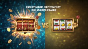 Two slot machines side by side, one with a jackpot and flying coins and the other with fruit symbols, under the title "Understanding Slot Volatility: High vs Low Explained