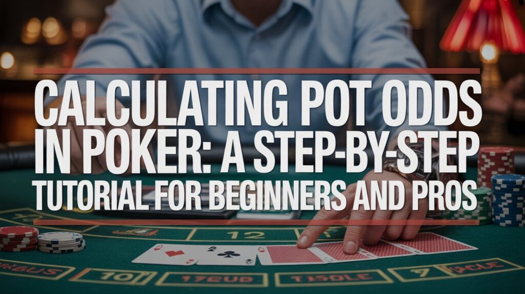 Poker table scene with cards, chips, and a player, displaying the text "Calculating Pot Odds in Poker: A Step-by-Step Tutorial for Beginners and Pros