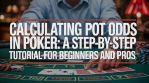 Poker table scene with cards, chips, and a player, displaying the text "Calculating Pot Odds in Poker: A Step-by-Step Tutorial for Beginners and Pros
