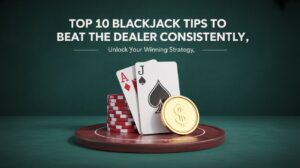 Image of poker chips, gold coin, and ace and jack cards under the title "Top 10 Blackjack Tips to Beat the Dealer Consistently" with a green background.