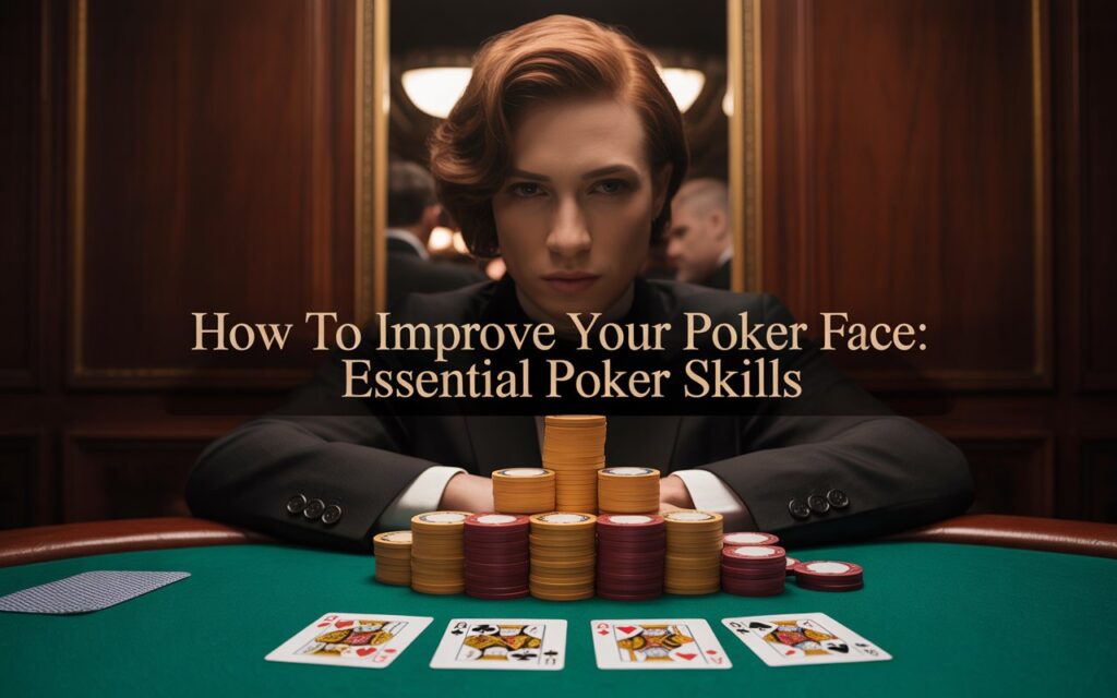 Poker player with a serious expression and stacked chips on a poker table, highlighting essential poker face skills."