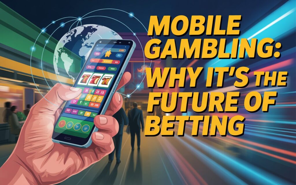 Illustration of a hand holding a smartphone with a slot game, a glowing globe in the background, and the text 'Mobile Gambling: Why It's the Future of Betting.
