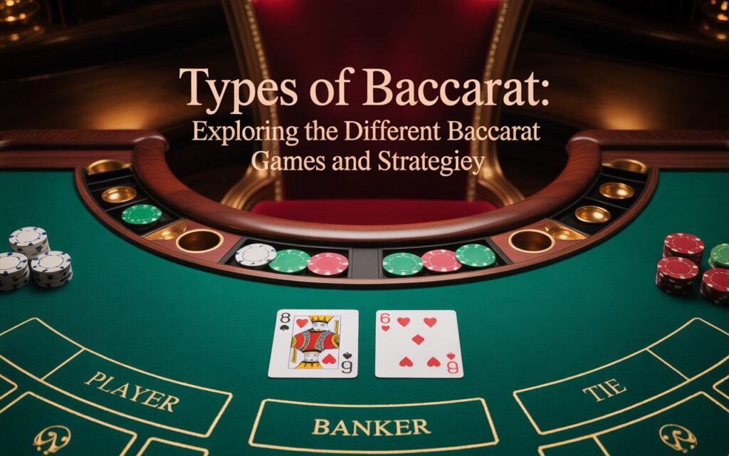 Casino baccarat table with playing cards and chips, highlighting various types of baccarat games and strategies.