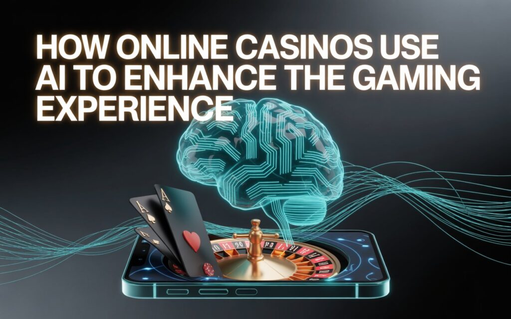 Futuristic illustration of a digital brain above a roulette wheel and playing cards emerging from a smartphone, symbolizing AI in online casinos.