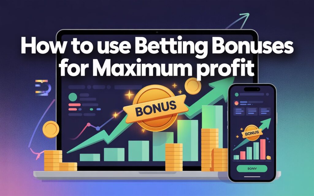 Laptop and smartphone displaying upward graphs, coins, and the word 'Bonus,' with the title 'How to use Betting Bonuses for Maximum profit.