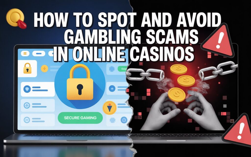 Split-screen laptop illustration showing secure gaming with a lock on one side and scam warnings with chains and coins on the other, highlighting online casino safety