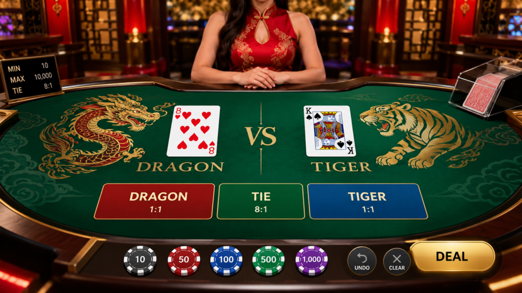 Dragon Tiger table with one card on the Dragon side and one on the Tiger side