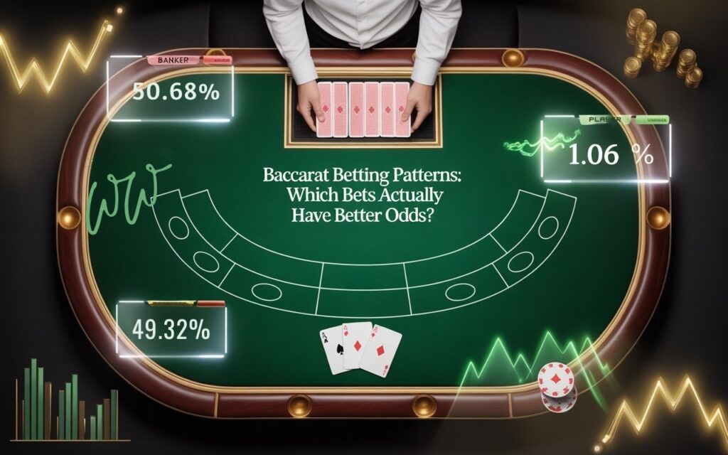 Overhead shot of a Baccarat table showing cards, chips, and glowing percentages for Banker (50.68%) and Player (49.32%) bets.