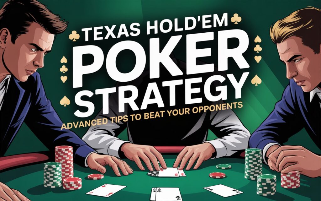 Texas Hold'em poker strategy banner with three focused players, dealer hands, chips, and cards on a green table.