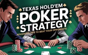 Texas Hold'em poker strategy banner with three focused players, dealer hands, chips, and cards on a green table.