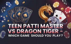 Graphic comparing 'Teen Patti Master' and 'Dragon Tiger,' featuring playing cards, poker chips, a gold dragon, and a white tiger.