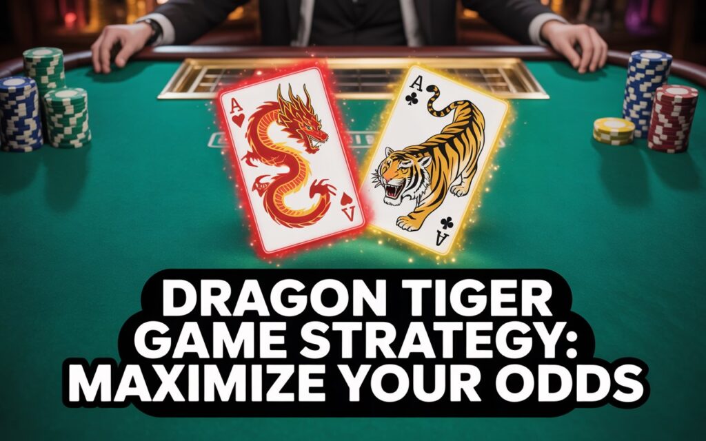 A pair of playing cards, one featuring a red dragon and the other a tiger, displayed on a green casino table with stacks of chips, under the text "DRAGON TIGER GAME STRATEGY: MAXIMIZE YOUR ODDS.