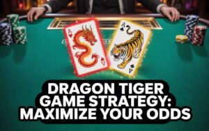 A pair of playing cards, one featuring a red dragon and the other a tiger, displayed on a green casino table with stacks of chips, under the text "DRAGON TIGER GAME STRATEGY: MAXIMIZE YOUR ODDS.