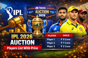 “IPL 2026 auction players list with price featuring IPL trophy, auction hammer, stacked coins, and star cricket players with a sample price table in a stadium background.”