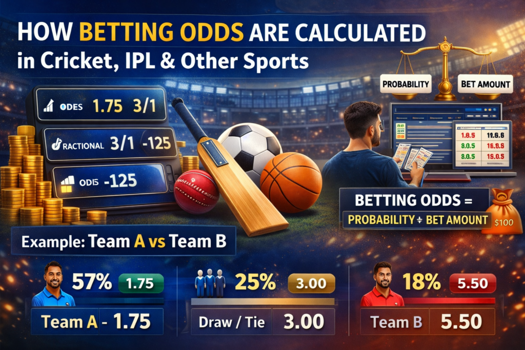 “Infographic explaining how betting odds are calculated in cricket, IPL, and other sports, showing probability, bet amount, example odds, and Team A vs Team B comparison inside a stadium.”