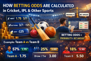 “Infographic explaining how betting odds are calculated in cricket, IPL, and other sports, showing probability, bet amount, example odds, and Team A vs Team B comparison inside a stadium.”