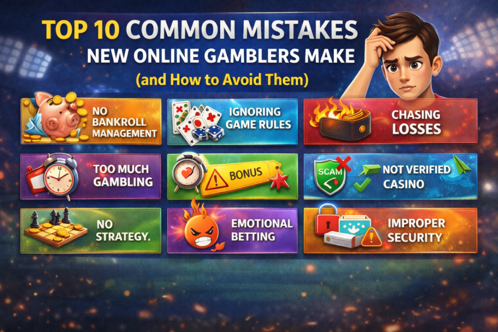 “Illustrated banner showing common mistakes new online gamblers make, with warning icons, casino-related symbols, and a worried beginner gambler on a dark gaming-themed background.”