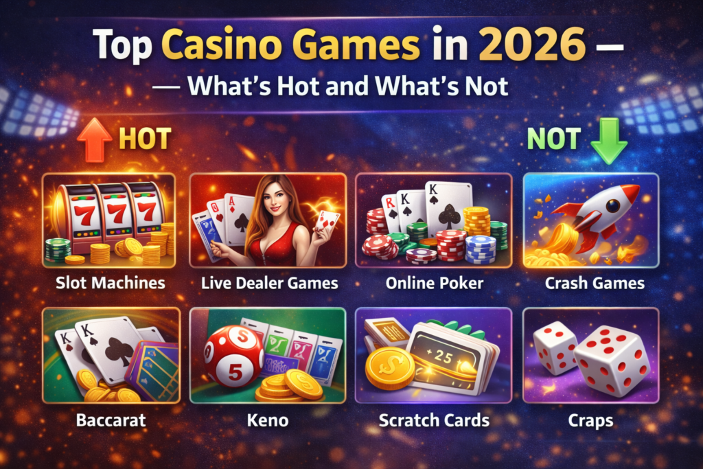 “Banner showing top casino games in 2026, highlighting what’s popular and declining, with slot machines, live dealer games, poker cards, casino chips, dice, and modern gaming icons on a vibrant casino-themed background.”