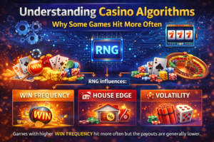“Illustration explaining casino algorithms, showing how random number generators influence game outcomes, win frequency, house edge, and volatility using slot machines, cards, chips, and digital circuitry graphics.”