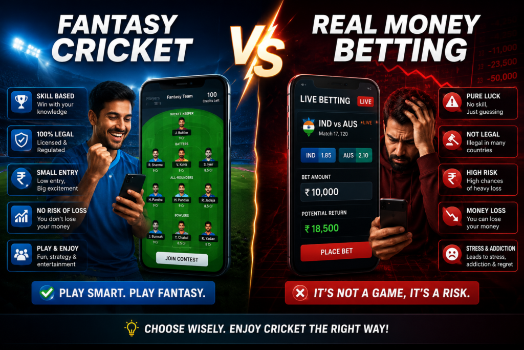 A cinematic split-screen digital poster titled “Fantasy Cricket vs Real Money Betting”. Left side in vibrant blue and stadium lighting showing a happy young cricket fan building a fantasy cricket team on a smartphone, with icons and text highlighting: “Skill Based”, “100% Legal”, “Fun & Strategy”, “Low Entry”. Right side in dark red dramatic lighting showing a stressed man using a betting app with falling graphs, warning symbols, and text highlighting: “High Risk”, “Addiction”, “Money Loss”, “Pure Luck”. Massive glowing “VS” lightning effect in the center. Modern typography, ultra-detailed, high contrast, realistic faces, mobile app UI elements, energetic sports atmosphere, awareness campaign style, premium social media poster design, 16:9 aspect ratio.