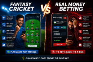 A cinematic split-screen digital poster titled “Fantasy Cricket vs Real Money Betting”. Left side in vibrant blue and stadium lighting showing a happy young cricket fan building a fantasy cricket team on a smartphone, with icons and text highlighting: “Skill Based”, “100% Legal”, “Fun & Strategy”, “Low Entry”. Right side in dark red dramatic lighting showing a stressed man using a betting app with falling graphs, warning symbols, and text highlighting: “High Risk”, “Addiction”, “Money Loss”, “Pure Luck”. Massive glowing “VS” lightning effect in the center. Modern typography, ultra-detailed, high contrast, realistic faces, mobile app UI elements, energetic sports atmosphere, awareness campaign style, premium social media poster design, 16:9 aspect ratio.