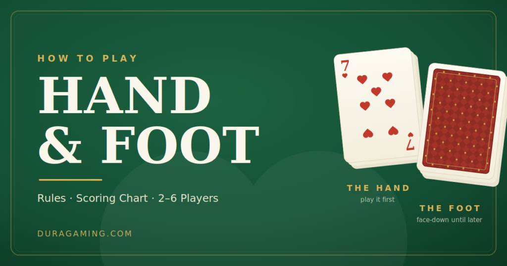 Hand and Foot card game rules - face-up hand stack and face-down foot stack on a card table