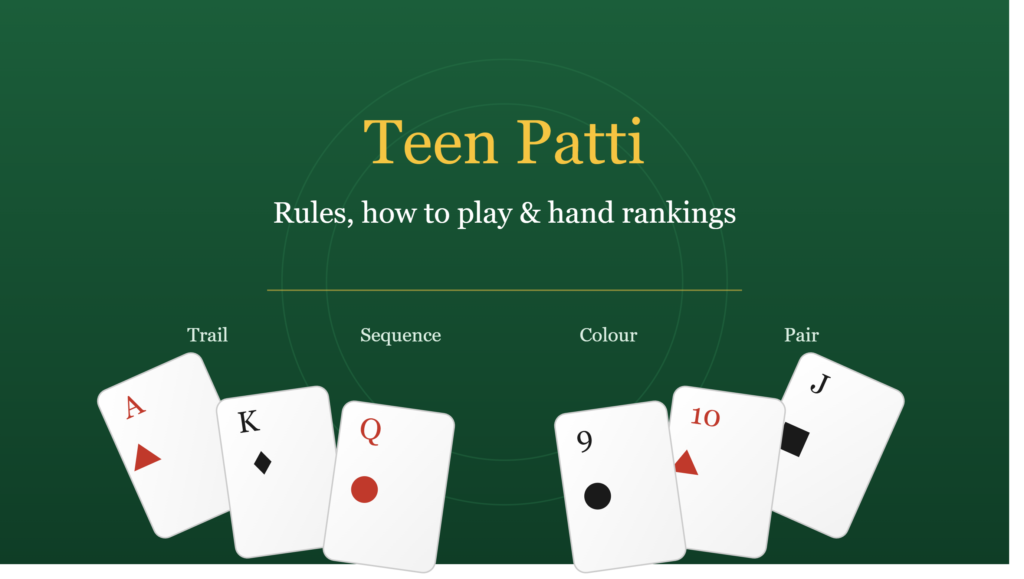 Teen Patti rules and hand rankings chart — playing cards on a green felt table