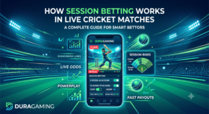 How session betting works in live cricket guide featured image showing mobile cricket odds interface by Duragaming
